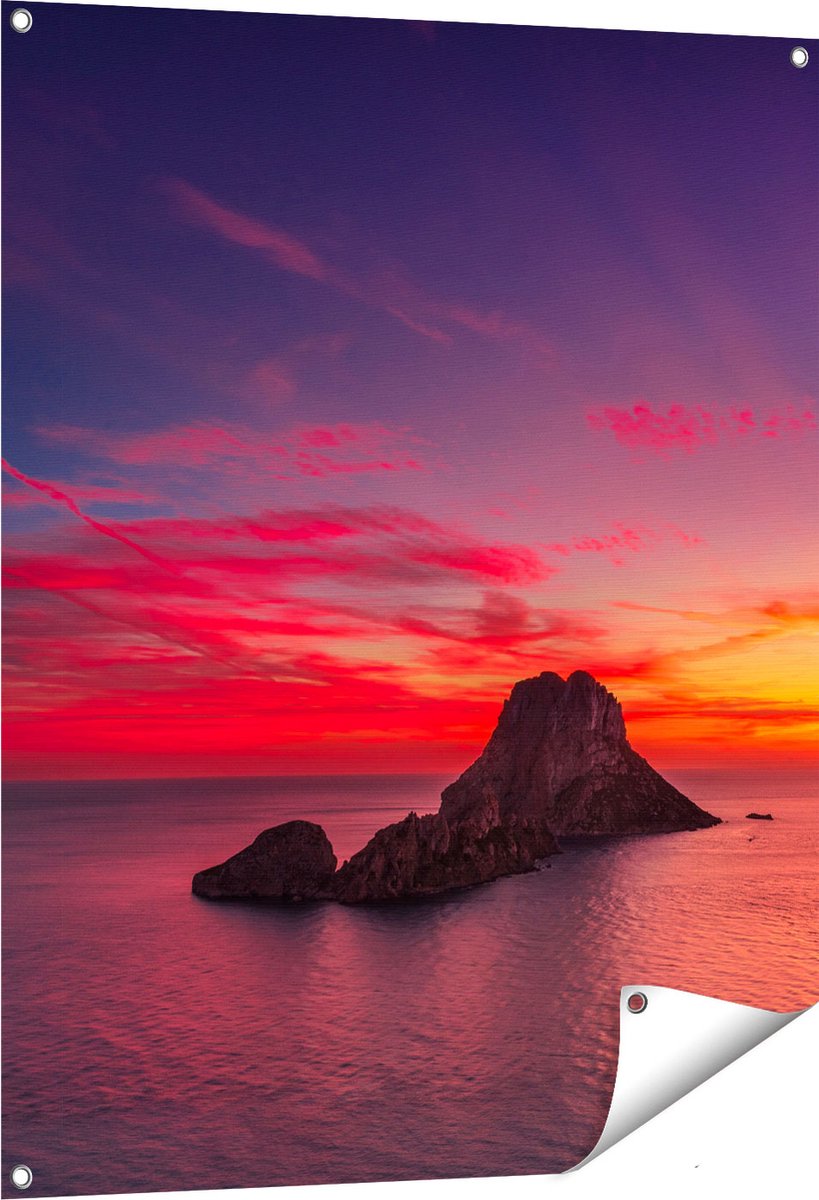 Gards Tuinposter Ibiza Rotsen Eiland bij Zonsondergang - 80x100 cm - Tuindoek - Tuindecoratie - Wanddecoratie buiten - Tuinschilderij Multikleur
