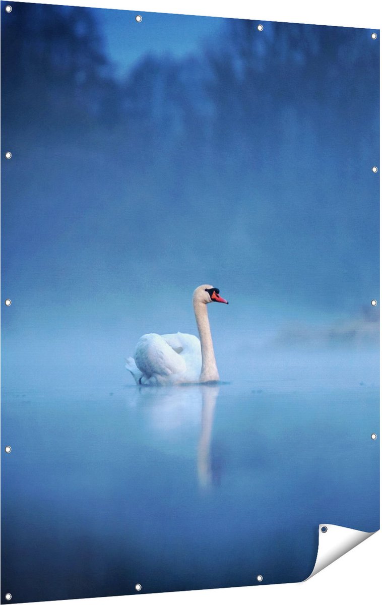 Gards Tuinposter Zwaan op het Water tussen de Mist - 120x160 cm - Tuindoek - Tuindecoratie - Wanddecoratie buiten - Tuinschilderij Multikleur