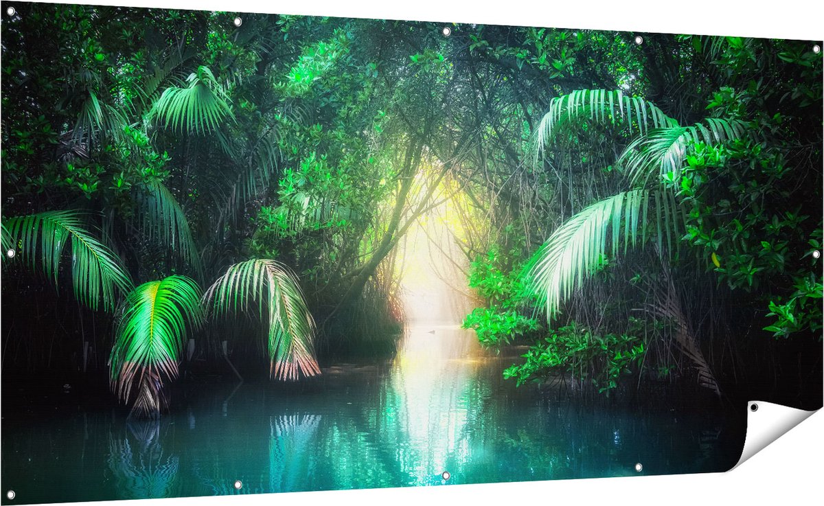 Gards Tuinposter Tropische Jungle met een Turquoise Meer - 200x100 cm - Tuindoek - Tuindecoratie - Wanddecoratie buiten - Tuinschilderij Multikleur