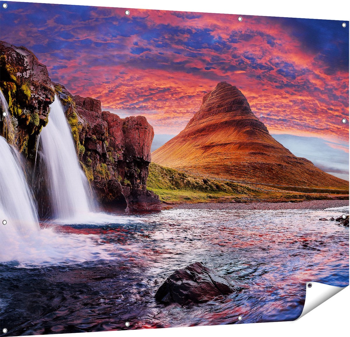 Gards Tuinposter Waterval bij een Berg - 150x120 cm - Tuindoek - Tuindecoratie - Wanddecoratie buiten - Tuinschilderij Multikleur