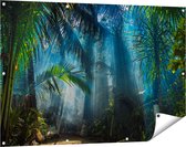 Gards Tuinposter Dichtbegroeide Jungle met Zonnestralen - 120x80 cm - Tuindoek - Tuindecoratie - Wanddecoratie buiten - Tuinschilderij