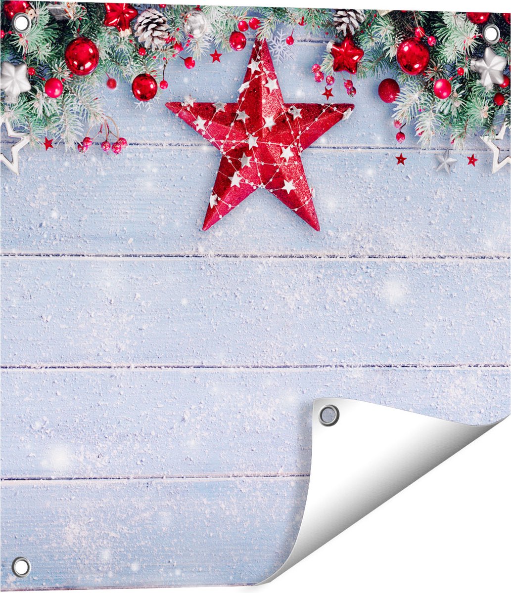 Gards Tuinposter Kerst Achtergrond met Sneeuw op Tafel - 50x50 cm - Tuindoek - Tuindecoratie - Wanddecoratie buiten - Tuinschilderij Multikleur