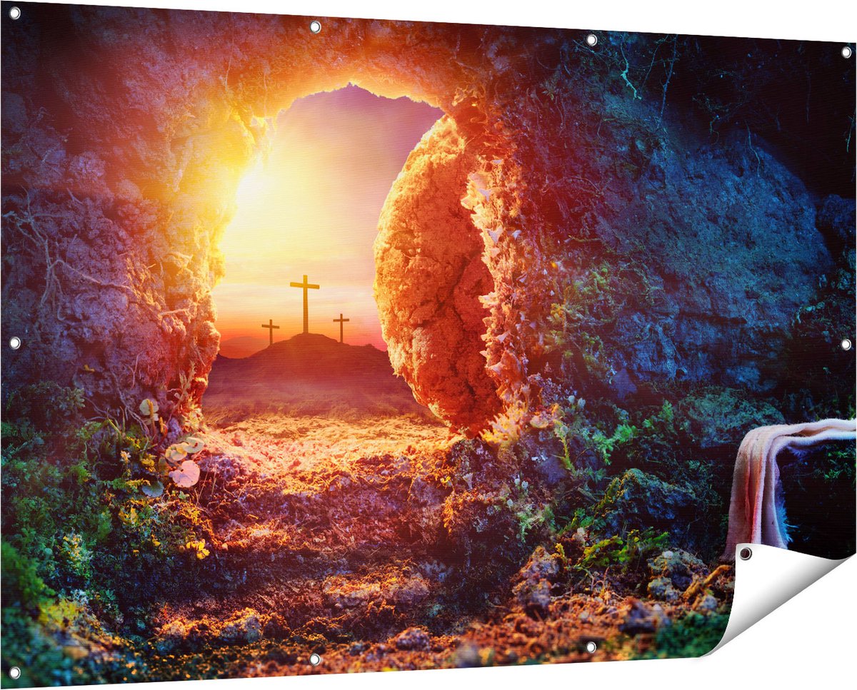 Gards Tuinposter Kruisiging bij Zonsopgang - Opstanding Jezus - 150x100 cm - Tuindoek - Tuindecoratie - Wanddecoratie buiten - Tuinschilderij Multikleur
