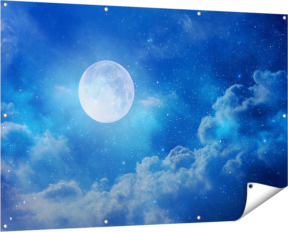 Gards Tuinposter Volle Maan in de Blauwe Hemel met Sterren - 150x100 cm - Tuindoek - Tuindecoratie - Wanddecoratie buiten - Tuinschilderij Multikleur