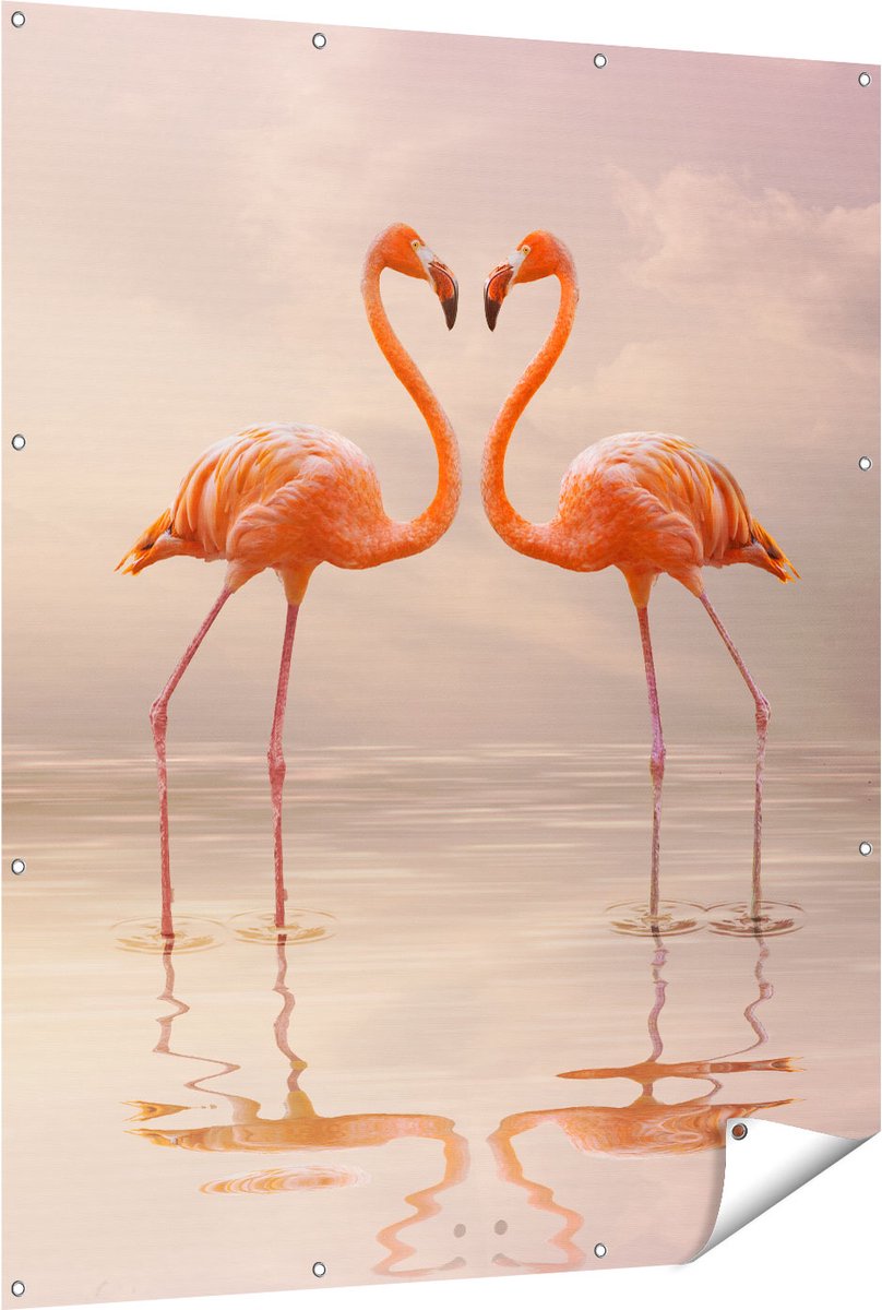 Gards Tuinposter Twee Flamingo's in een Hartjes Vorm - 120x150 cm - Tuindoek - Tuindecoratie - Wanddecoratie buiten - Tuinschilderij Multikleur