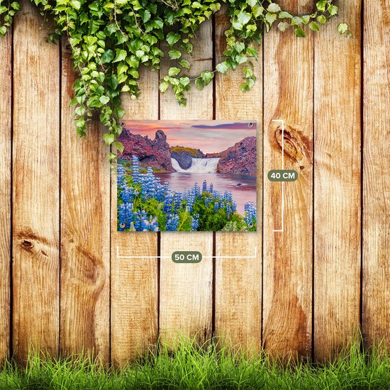 Gards Poster de jardin Cascade aux Fleurs de Lupine bleu - 50x40 cm - Toile de jardin - Décoration de jardin - Décoration murale extérieur - Tableau de jardin