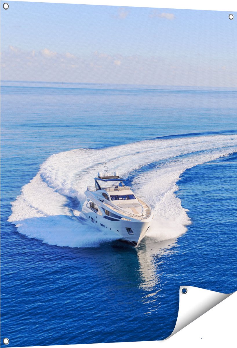 Gards Tuinposter Jachtboot op het Water in een Bocht - 80x100 cm - Tuindoek - Tuindecoratie - Wanddecoratie buiten - Tuinschilderij Multikleur