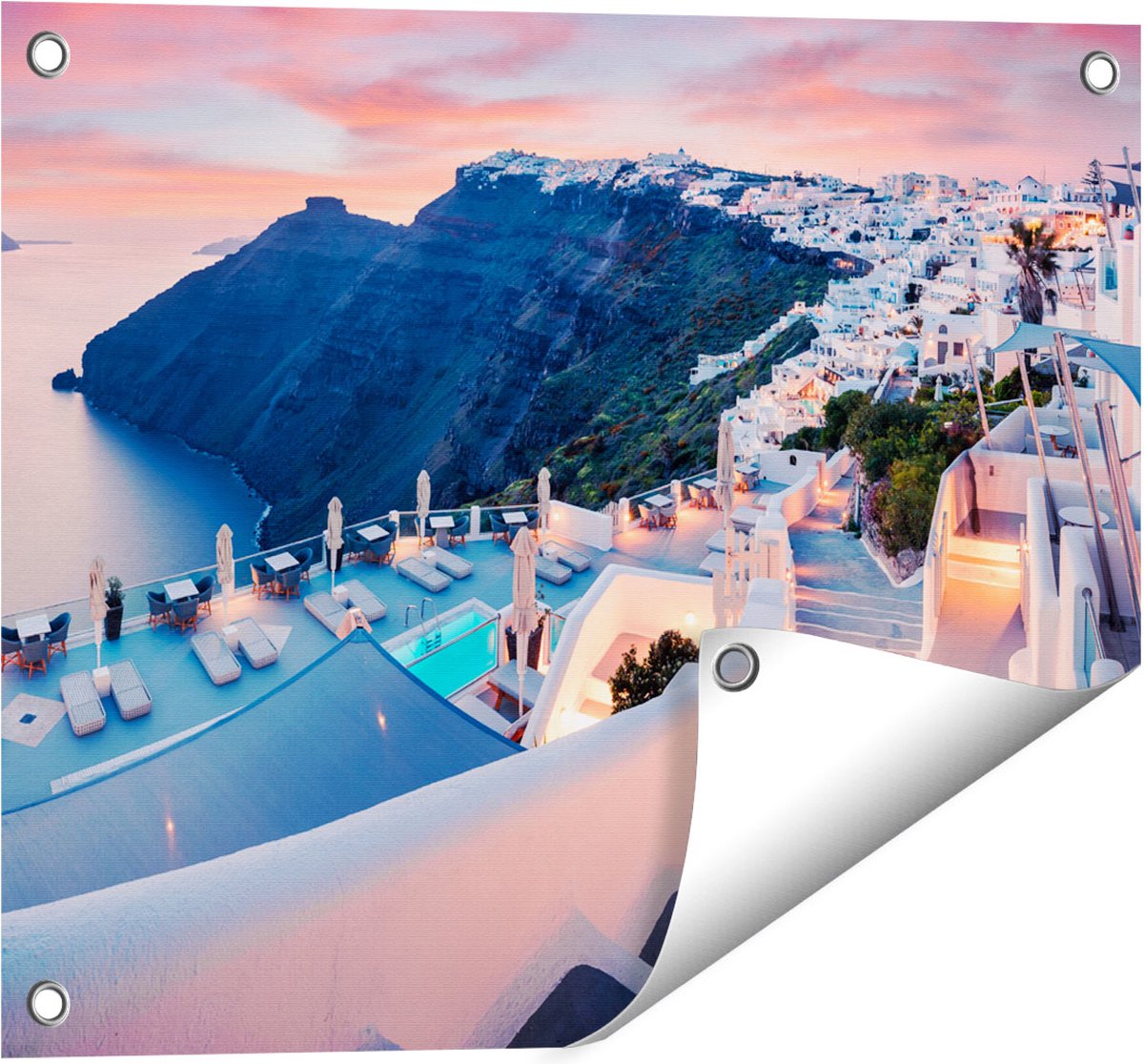Gards Tuinposter Luxe Huisjes aan de Kust in Fira, Griekenland - 50x40 cm - Tuindoek - Tuindecoratie - Wanddecoratie buiten - Tuinschilderij Multikleur