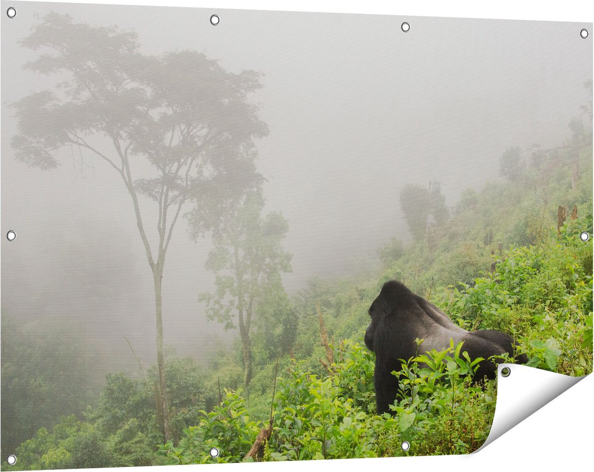 Gards Tuinposter Gorilla in het Woud tijdens de Mist - 120x80 cm - Tuindoek - Tuindecoratie - Wanddecoratie buiten - Tuinschilderij Multikleur