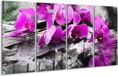 GroepArt - Glasschilderij - Orchidee - Paars, Grijs, Wit - 160x80cm 4Luik - Foto Op Glas - Geen Acrylglas Schilderij - 6000+ Glasschilderijen Collectie - Wanddecoratie
