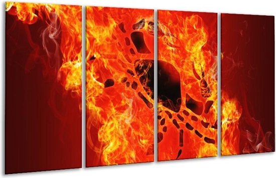 GroepArt - Glasschilderij - Vuur - Zwart, Oranje, Geel - 160x80cm 4Luik - Foto Op Glas - Geen Acrylglas Schilderij - 6000+ Glasschilderijen Collectie - Wanddecoratie