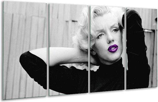 GroepArt - Glasschilderij - Marilyn Monroe - Grijs, Zwart, Paars - 160x80cm 4Luik - Foto Op Glas - Geen Acrylglas Schilderij - 6000+ Glasschilderijen Collectie - Wanddecoratie