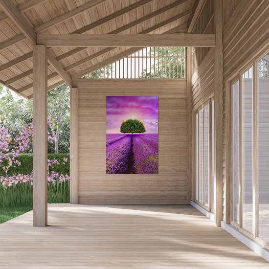 Gards Affiche de jardin Arbre Vert dans les Fleurs de Lavande - 100x150 cm - Toile jardin - Décoration de jardin - Décoration murale extérieur - Tableau jardin