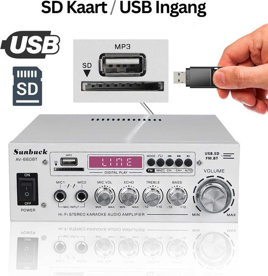 Sunbuck Audioversterker – Stereo Versterker Met Bluetooth – Audio Amplifier Met Karaoke Portals – Led Display - Veelzijdig - Sunbuck