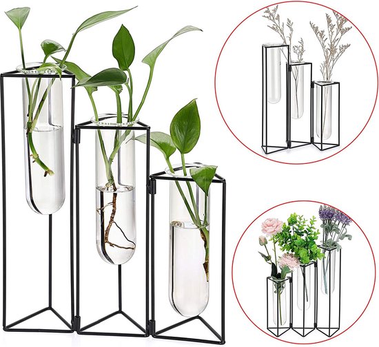 Vase à fleurs en Verres et en métal 3 Grille Tube à essai Porte-plante Vase  en verre