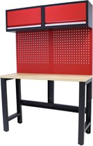 Kraftmeister werkbank 136 cm - Werktafel met met gereedschapswand, 2 opbergkasten en multiplex werkblad - Rood