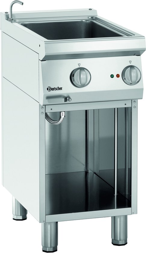 Bartscher bain-marie met onderstel, aan- en aftapkraan en twee draaiknoppen.