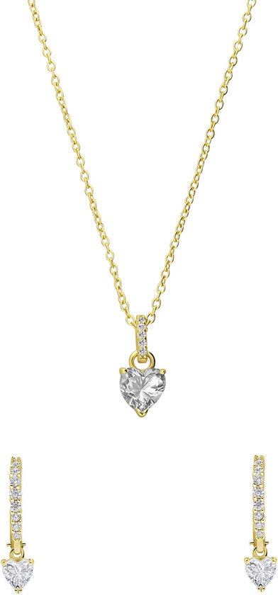 Lucardi Dames Zilveren goldplated sieradenset ketting en oorringen hart zirkonia - Cadeau - Moederdag Set - 925 Zilver - Goudkleurig