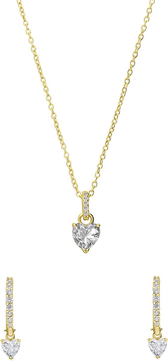 Lucardi - Dames Zilveren goldplated sieradenset ketting en oorringen hart zirkonia - Cadeau Set - 925 Zilver - Goudkleurig