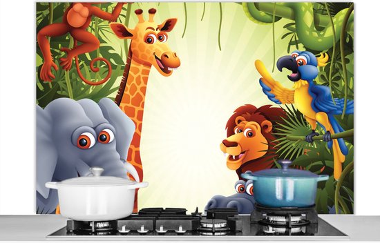 Spatscherm keuken 120x80 cm - Kookplaat achterwand Jungle - Jongens - Meiden - Baby - Olifant - Leeuw - Giraf - Muurbeschermer - Spatwand fornuis - Hoogwaardig aluminium