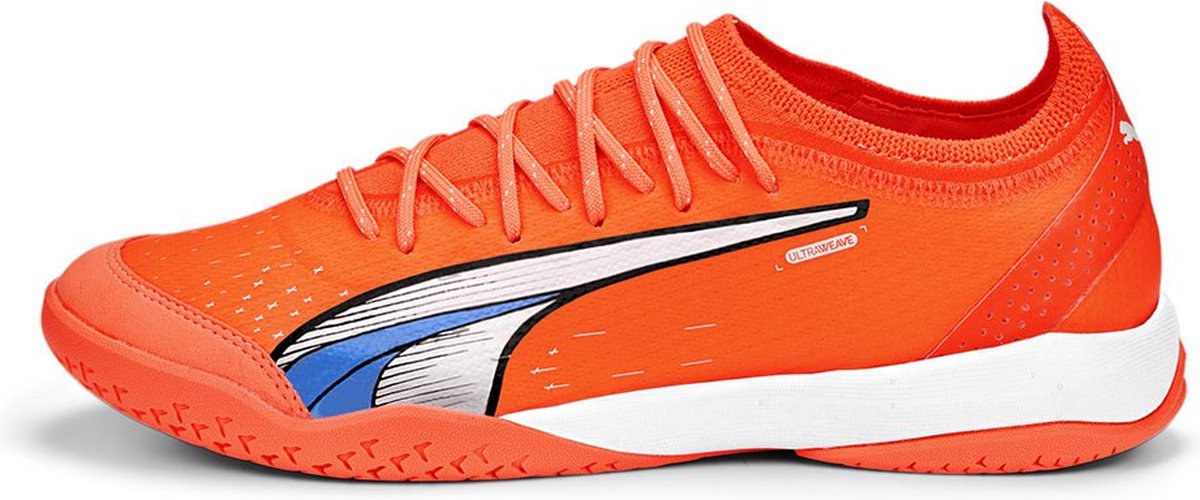 Puma Ultra Ultimate voetbalschoenen in oranje, EU 41, met lichtgewicht Ultraweave bovenmateriaal voor snelheid.