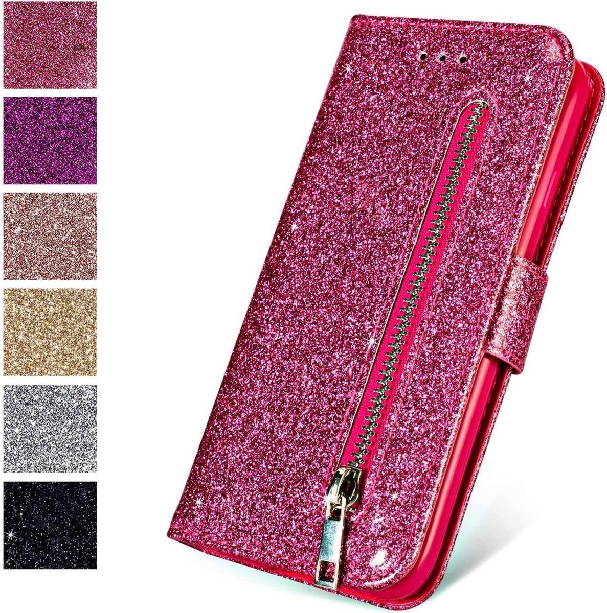 Glitter Bookcase Hoesje Geschikt voor: Oppo A96 / A76 / A36 met rits - hoesje - portemonnee hoesje - Roze - ZT Accessoires