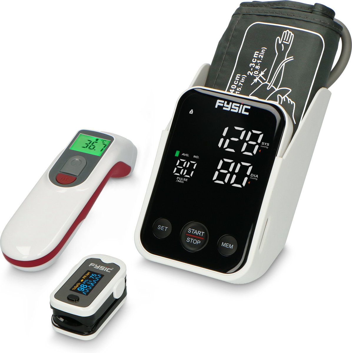 Fysic FCS250 - Gezondheidsmonitoring set voor thuis - Bloeddrukmeter - Saturatiemeter - Infrarood Thermometer