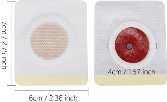 Twee afslankpleisters, één toont de afmetingen 7x6 cm, de andere 4 cm.