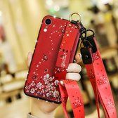Kleurrijke geschilderde schokbestendige TPU + doek textuur Case voor iPhone XR, met polsband & houder & Lanyard (rood)