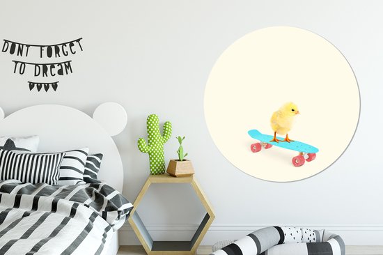 WallCircle - Stickers muraux - Cercle Papier Peint - Poussin - Jaune - Skateboard - Blauw - Animaux - 140x140 cm - Cercle Mural - Auto Adhésif - Sticker Papier Peint Rond