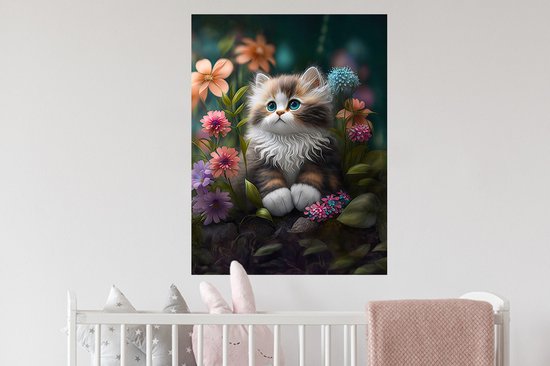 Stickers muraux - Film autocollant - Chaton - Illustration - Fleurs - Nature - Chat - 60x80 cm - Film adhésif - Stickers muraux Chambre d'enfant - Papier peint autocollant