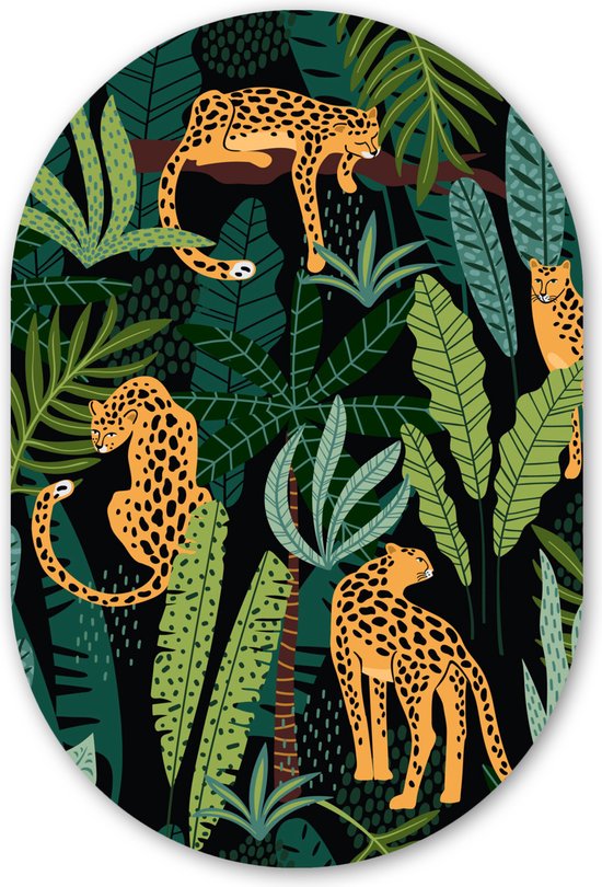 Muurovaal - Wandovaal - Kunststof Wanddecoratie - Ovalen Schilderij - Jungle - Panter - Patronen - Jongens - Meiden - Planten - 40x60 cm - Ovale spiegel vorm op kunststof