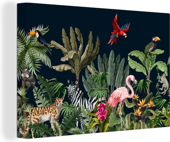 Canvas Schilderij Jungle - Planten - Dieren - Kinderen - Flamingo - Zebra - Wanddecoratie