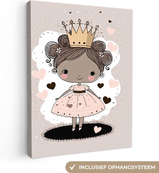 Canvas Schilderij Prinsessen - Jurk - Hartjes - Pastel - Meisjes - 90x120 cm - Wanddecoratie
