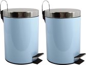 MSV Prullenbak/ poubelle à pédale - 2x - métal - bleu pastel - 3 litres - 17 x 25 cm - Salle de bain / WC