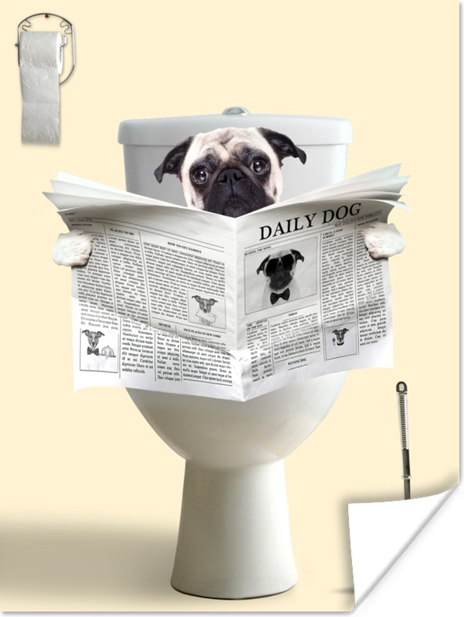 Poster hond - Muurdecoratie - Hond - Pug - Toilet - Krant - Dier - 30x40 cm - Fotoposter