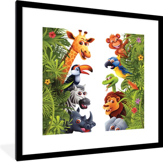 Fotolijst incl. Poster - Jungle - Dieren - Jongens - Meisjes - Giraf - Olifant - Kids - 40x40 cm - Posterlijst