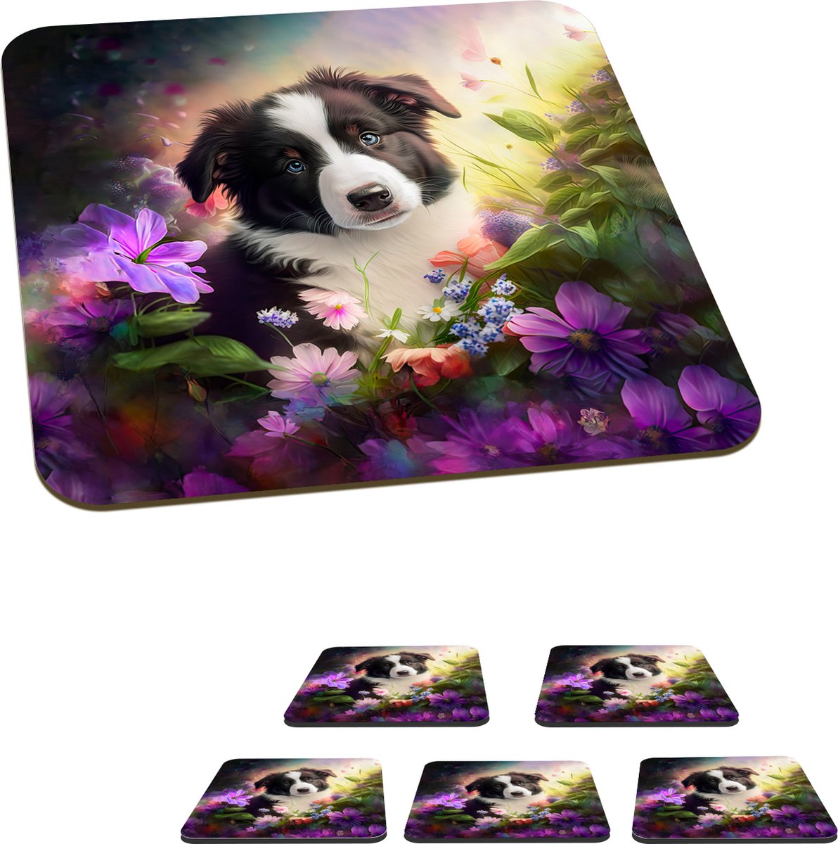 Onderzetters voor glazen - Puppy - Zon - Bloemen - Natuur - Bordercollie - Hond - 10x10 cm - Glasonderzetters - 6 stuks