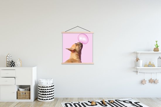 Schoolplaat hond - Muurdoek - Hond - Dieren - Kauwgom - Roze - 90x90 cm - Textielposter roze - Wanddecoratie