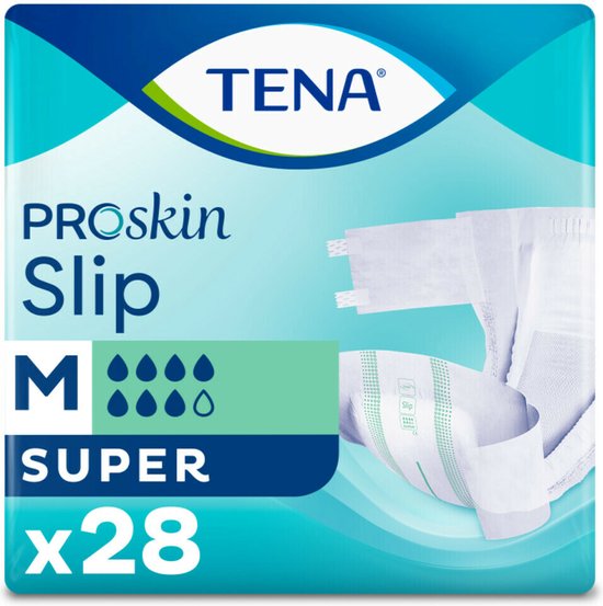 TENA Proskin Slip Maat M, 28 stuks. Verpakking met blauwe en groene grafische elementen en een productfoto.