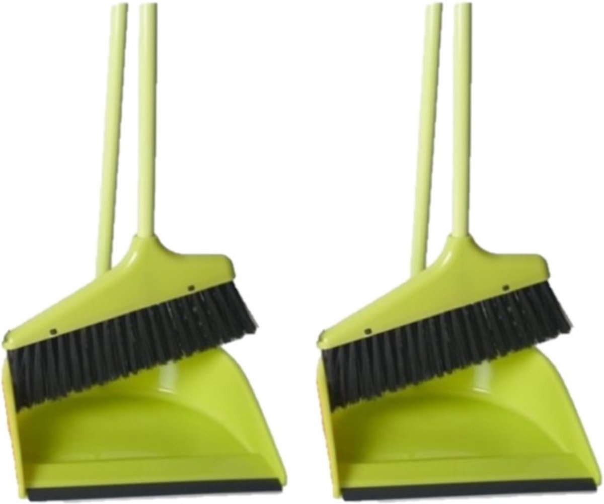 Goedkoopste Set van 2x stuks kunststof stoffer en blik met lange steel 24 x 82 cm groen - Schoonmaakartikelen