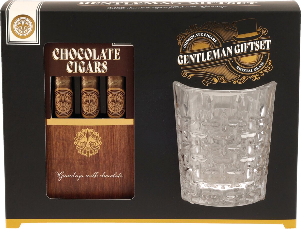 Gentleman Giftset - Whiskeyglas + 3 Chocolade Sigaren AANBIEDING