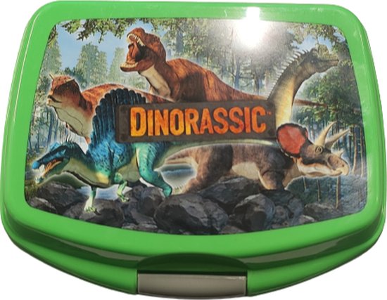 Broodtrommel met dino print - Groen - Kunststof - Brooddoos - Lunchbox - 16,5 x 13 x 4 cm Dinorassic