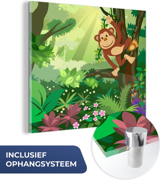 MuchoWow® Peinture sur verre - Singe - Jungle - Garçons - Filles - Fleurs - Kids - 50x50 cm - Peintures sur verre acrylique - Photo sur Glas