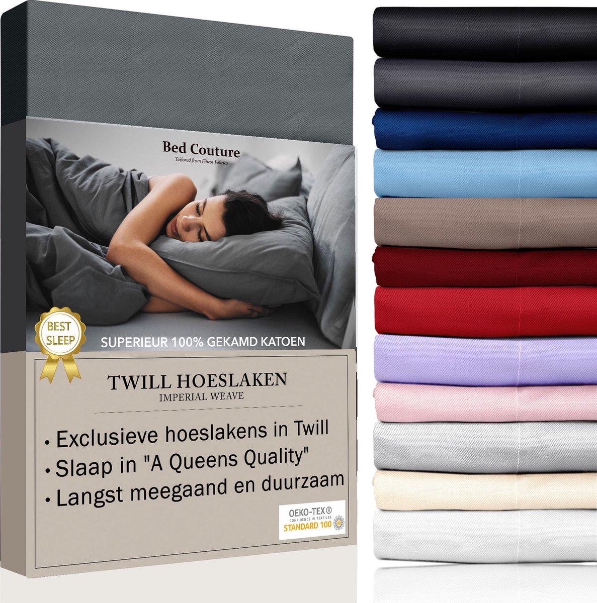 Bed Couture - Hoeslaken van 100% Katoen - Lits-Jumeaux 180x200cm - Hoekhoogte 30cm - Ultra Zacht en Duurzaam - Antraciet