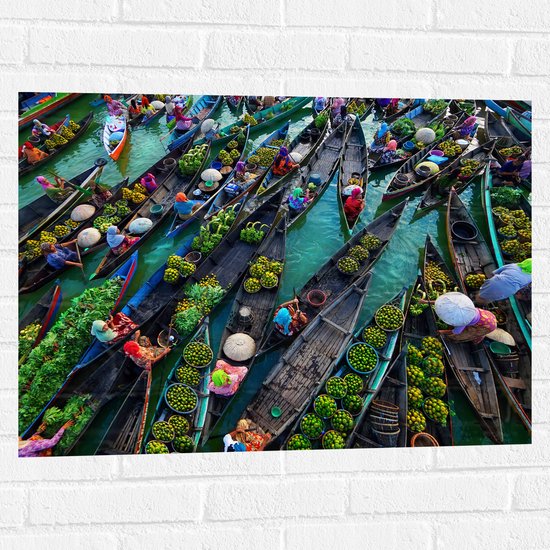 Muursticker - Drijvende markt op Boten in Vietnam - 80x60 cm Foto op Muursticker