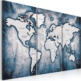 Schilderij - Wereldkaart , Wereld in blauwe inkt , 3 luik