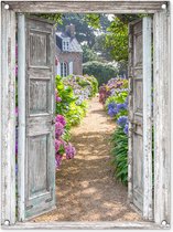 Tuinposter doorkijk deur - Bloemen - Hortensia - Paars - Natuur - Zomer - Tuindecoratie - Tuin - Tuinschilderij voor buiten - Tuinposters - 60x80 cm - Tuindoek - Schutting decoratie - Schuttingdoek