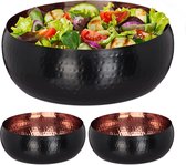 Relaxdays 3x saladeschaal - rvs - Ø 25 cm - gehamerde look - serveerschaal - zwart/koper
