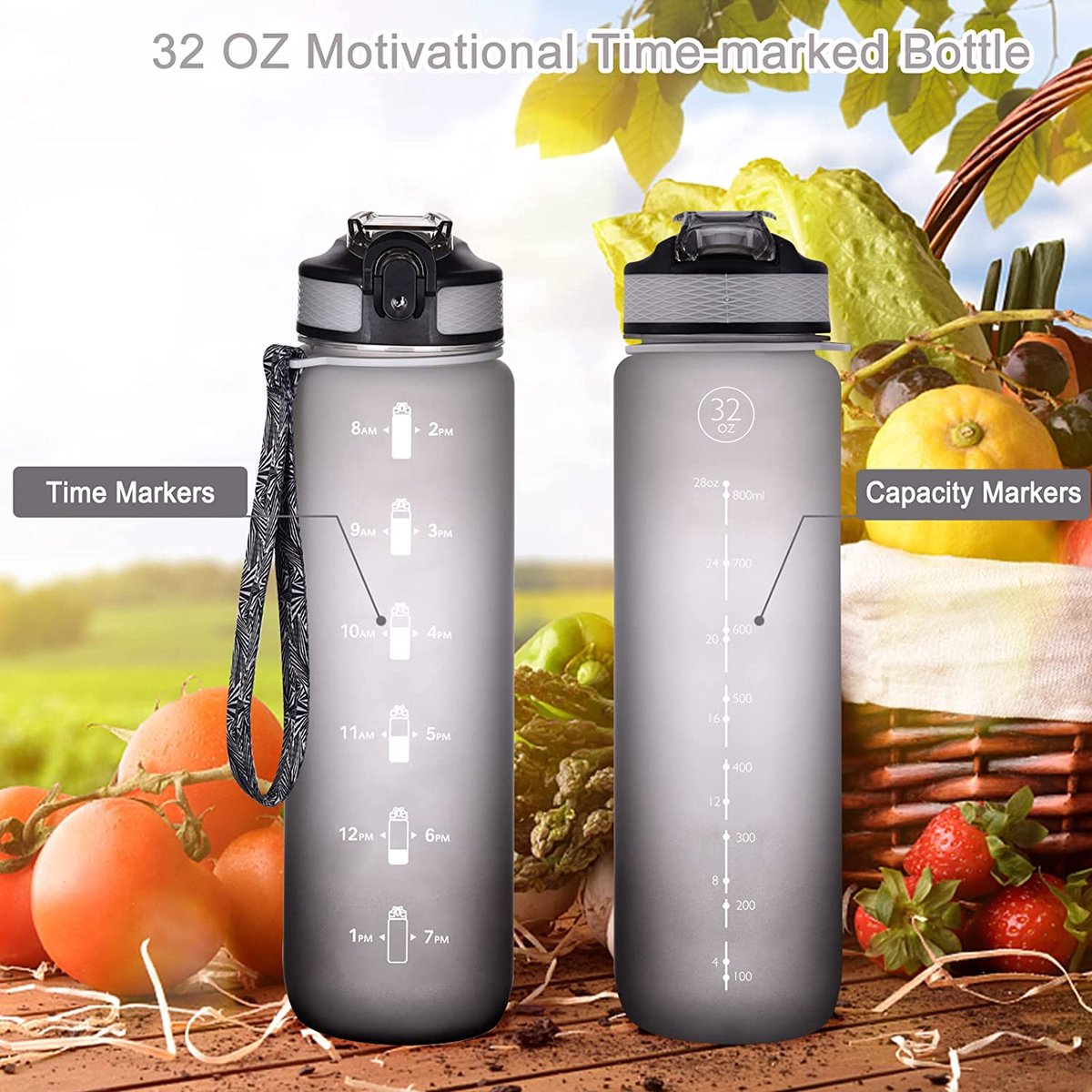 Gourde Sport 1 Litre En Tritan Sans BPA | Avec Paille, Motif Fleurs De Cerf | Pour école, Bureau, Gym, Vélo | Légère, Anneau De Port